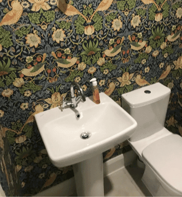 Internal bathroom wallpaper hanging photo of gold and blue birds skillfully fitted around toilet and basin by Cornelius Green Decorators