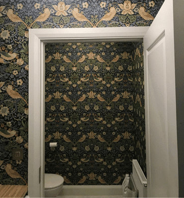Internal bathroom and washroom wallpaper hanging photo of gold and blue birds by Cornelius Green Decorators