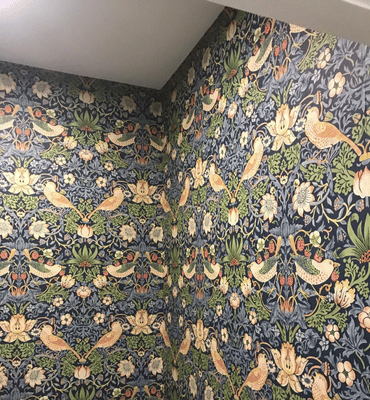 Internal bathroom wallpaper hanging photo of gold and blue birds by Cornelius Green Decorators