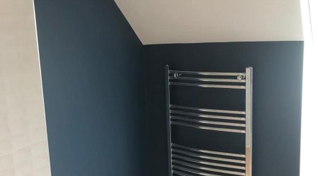 Completed residential bathroom dual tone white and navy blue interior painting by Cornelius Green Decorators in Dublin