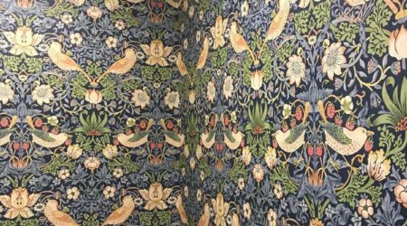 Internal residential bathroom wallpaper hanging photo of gold and blue birds by Cornelius Green Decorators