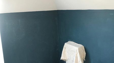In progress residential bathroom dual tone white and navy blue interior painting by Cornelius Green Decorators in Dublin