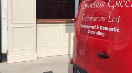 Before exterior painting photo of O'Reilly's Beer Garden with Cornelius Green Decorators van