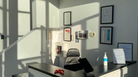 Internal completed wall painting photo of commercial office space reception area Saint Gobain in Dublin by Cornelius Green Decorators