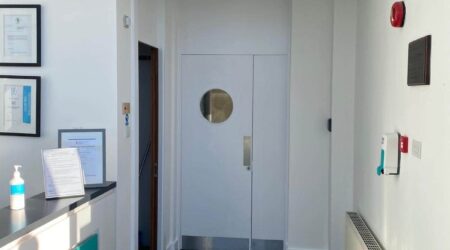 Internal completed wall and hallway painting photo of commercial office space Saint Gobain in Dublin by Cornelius Green Decorators